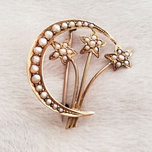 Vintage Gold Moon and Flower Brooch